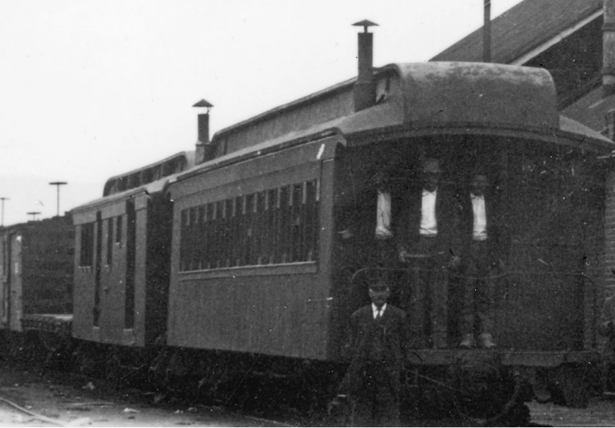N-C-O Ry Mail Express Car #22 leaving the Reno depot for the last time in 1918.